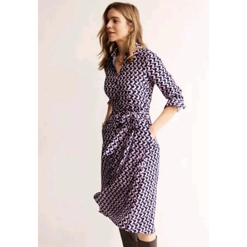 New Boden Kate Midi Shirt Dress Orchid Pink Arch Geo Sz 2P Belt Preppy Viscose